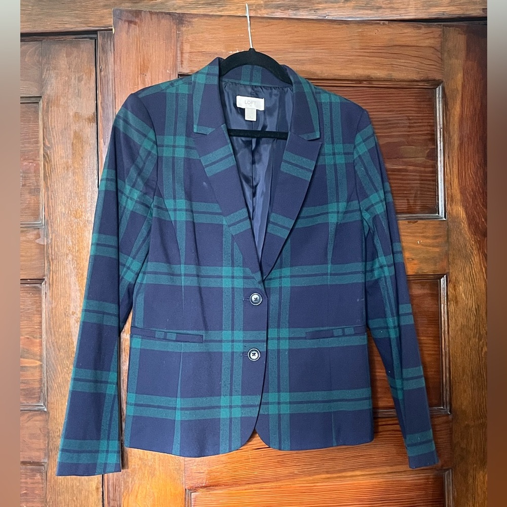 Plaid blazer in blue and green by Loft.